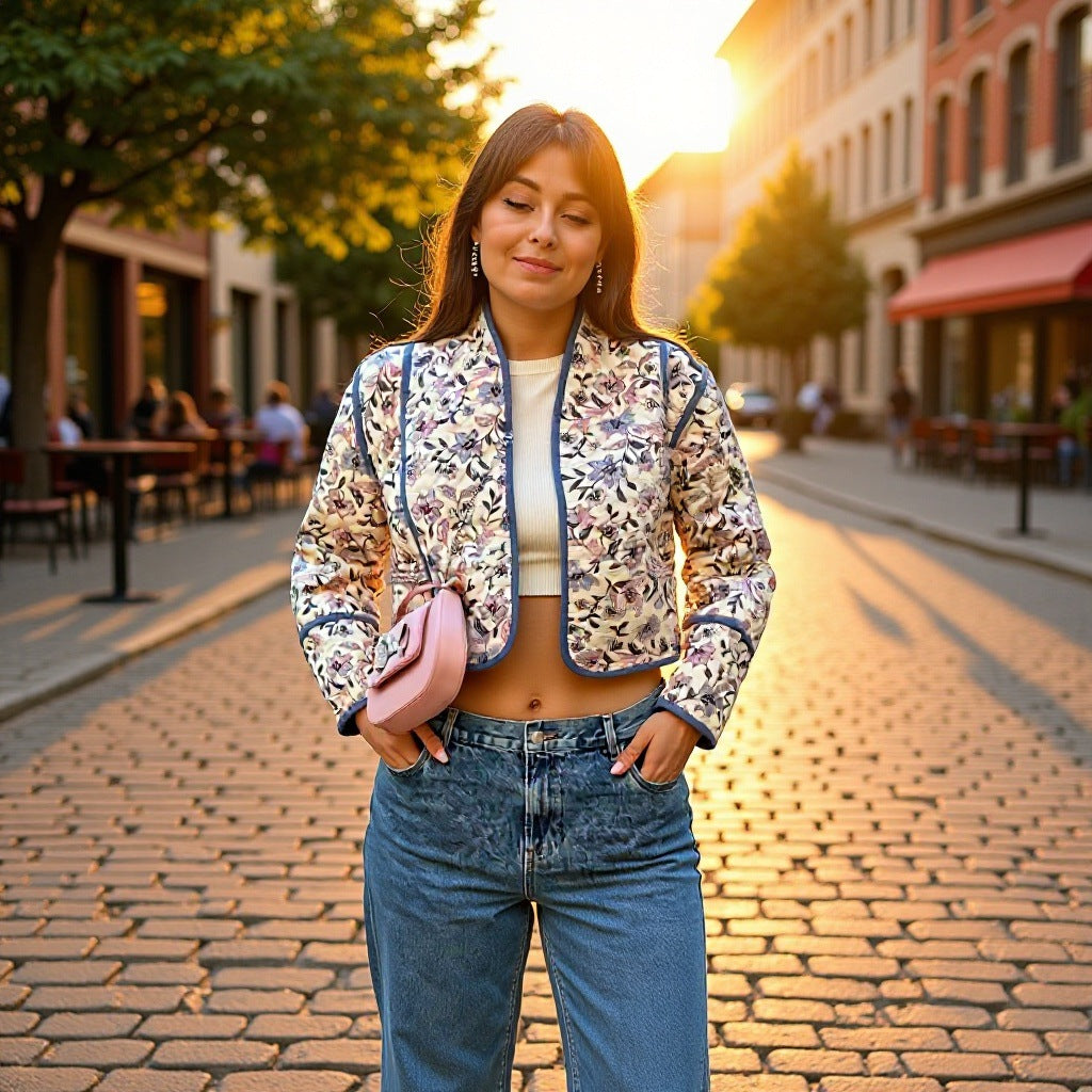 Damska krótka pikowana blouson kurtka z kwiatowa embroidery i contrasting piping Lumaza