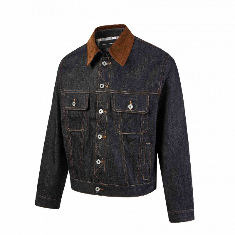 Męska boxy denim kurtka z Corduroy kołnierzem i w kratę Lwwg