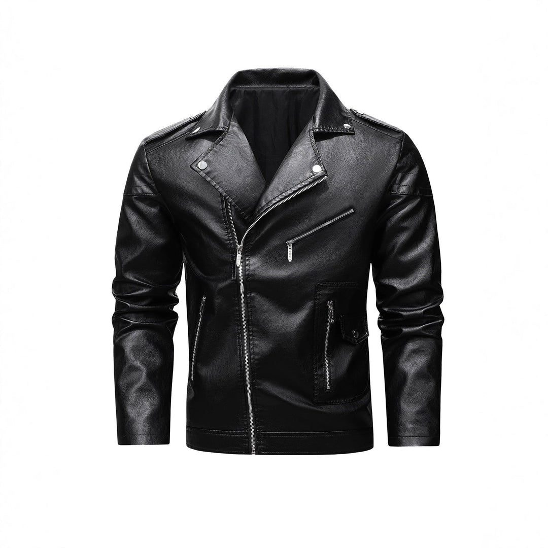 Męski biker kurtka wykonany z syntetyczna skóra z asymmetrical zamek i pikowany ramienny section