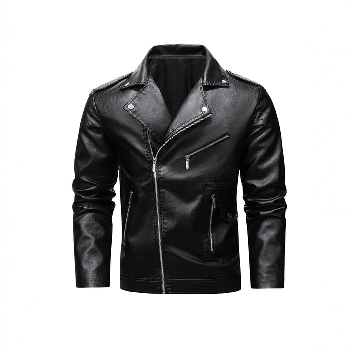 Męski biker kurtka wykonany z syntetyczna skóra z asymmetrical zamek i pikowany ramienny section
