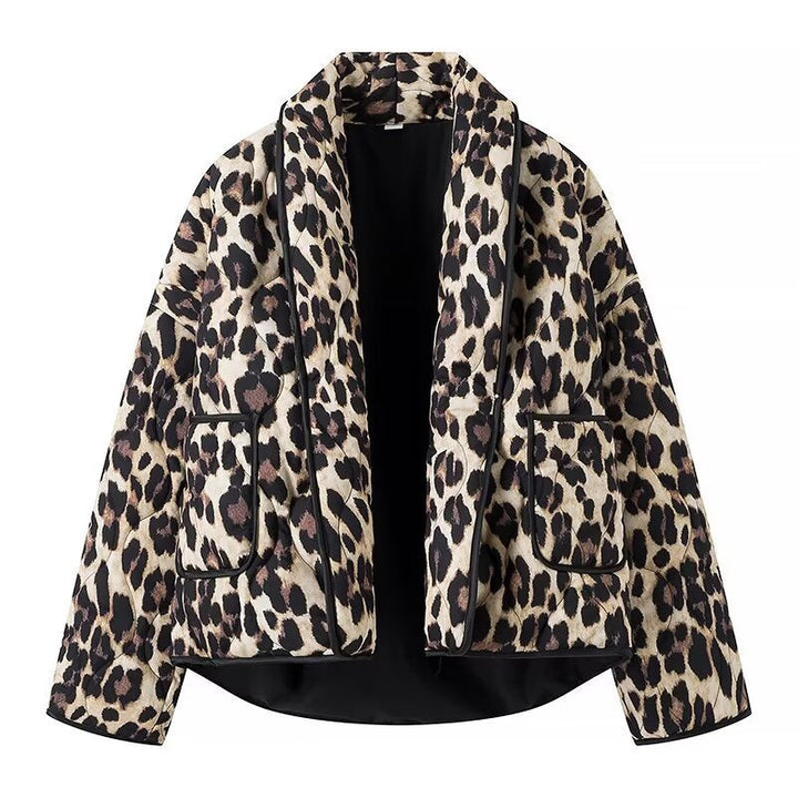 Damska Lined krótka kurtka in Leopard Print z Shawl kołnierzem i Piping Lumaza