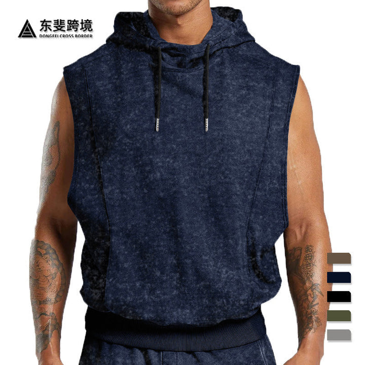 Męska sleeveless bluza z kapturem w stone-wash wygląd z deep armholes i prążkowany Dół