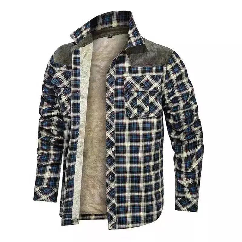Męska krata flannel kurtka z teddy lwwg, velvet trim, i breast kieszeniami