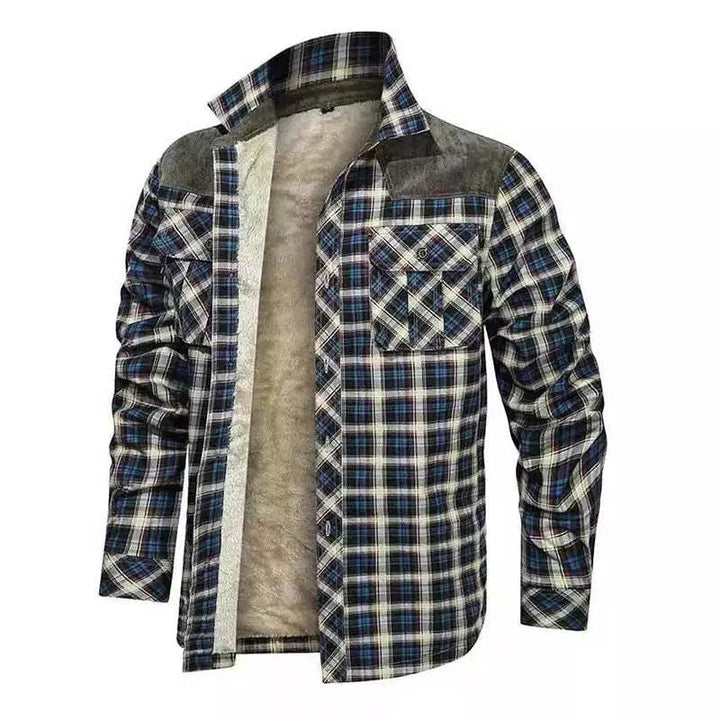 Męska krata flannel kurtka z teddy lwwg, velvet trim, i breast kieszeniami