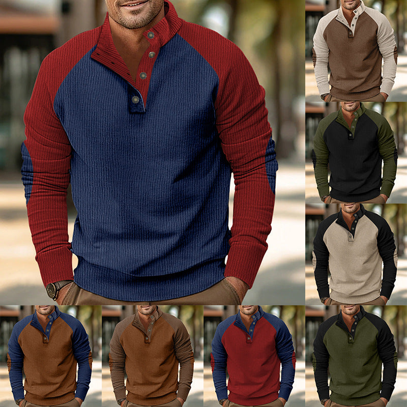 Męska Warmer Waffle Tekstura Henley Pulower z Kontrastowy Raglanowy Rękawy &amp; Stójka