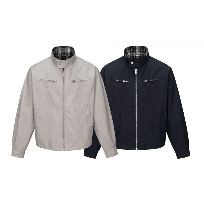 Męska krótsza canvas blouson kurtka z stójką, zamkiemed kieszeniami, i checkered lwwg