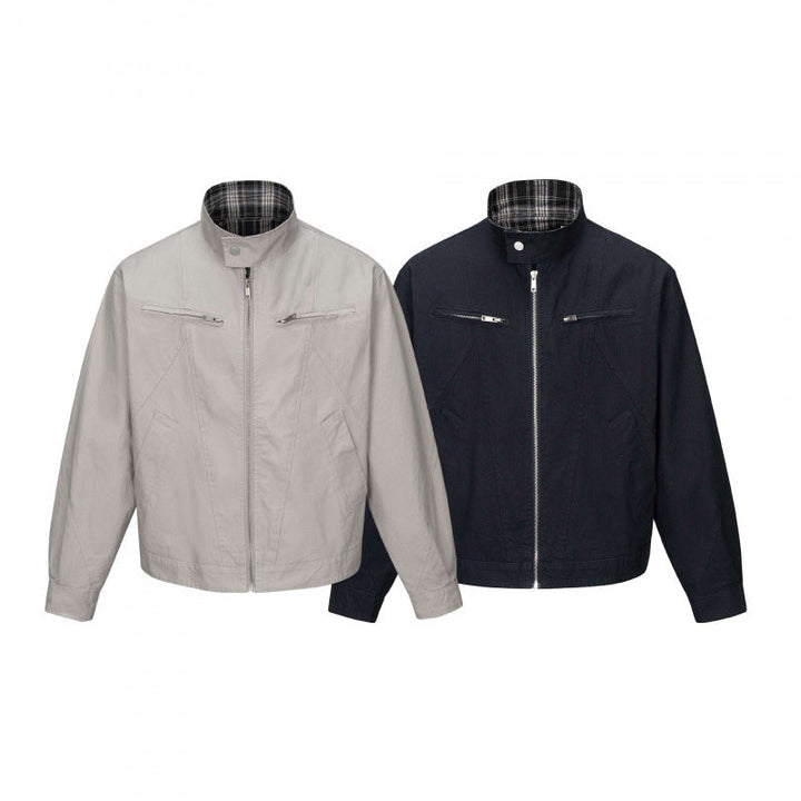 Męska krótsza canvas blouson kurtka z stójką, zamkiemed kieszeniami, i checkered lwwg
