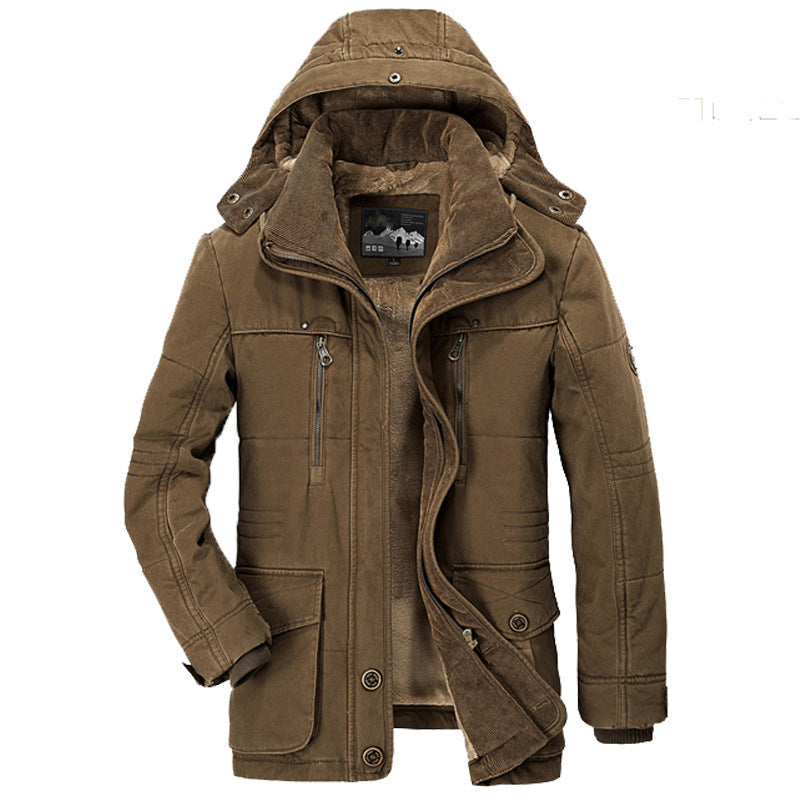 Męski solidny płótno field parka z sztruks kołnierz, zamek przód i multifunction kieszenie