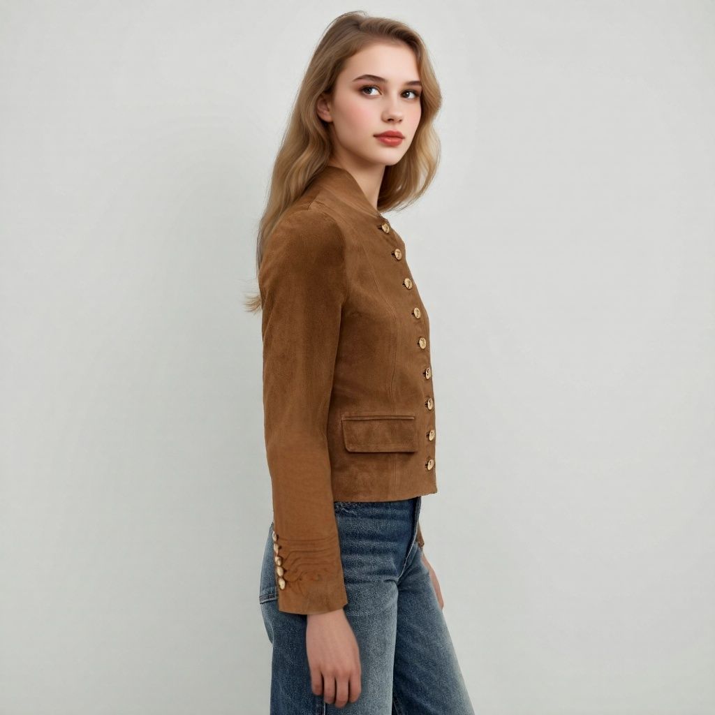 Damska taliowana Suede Look kurtka z ze stójką i Decorative guzikami listwą Lumaza