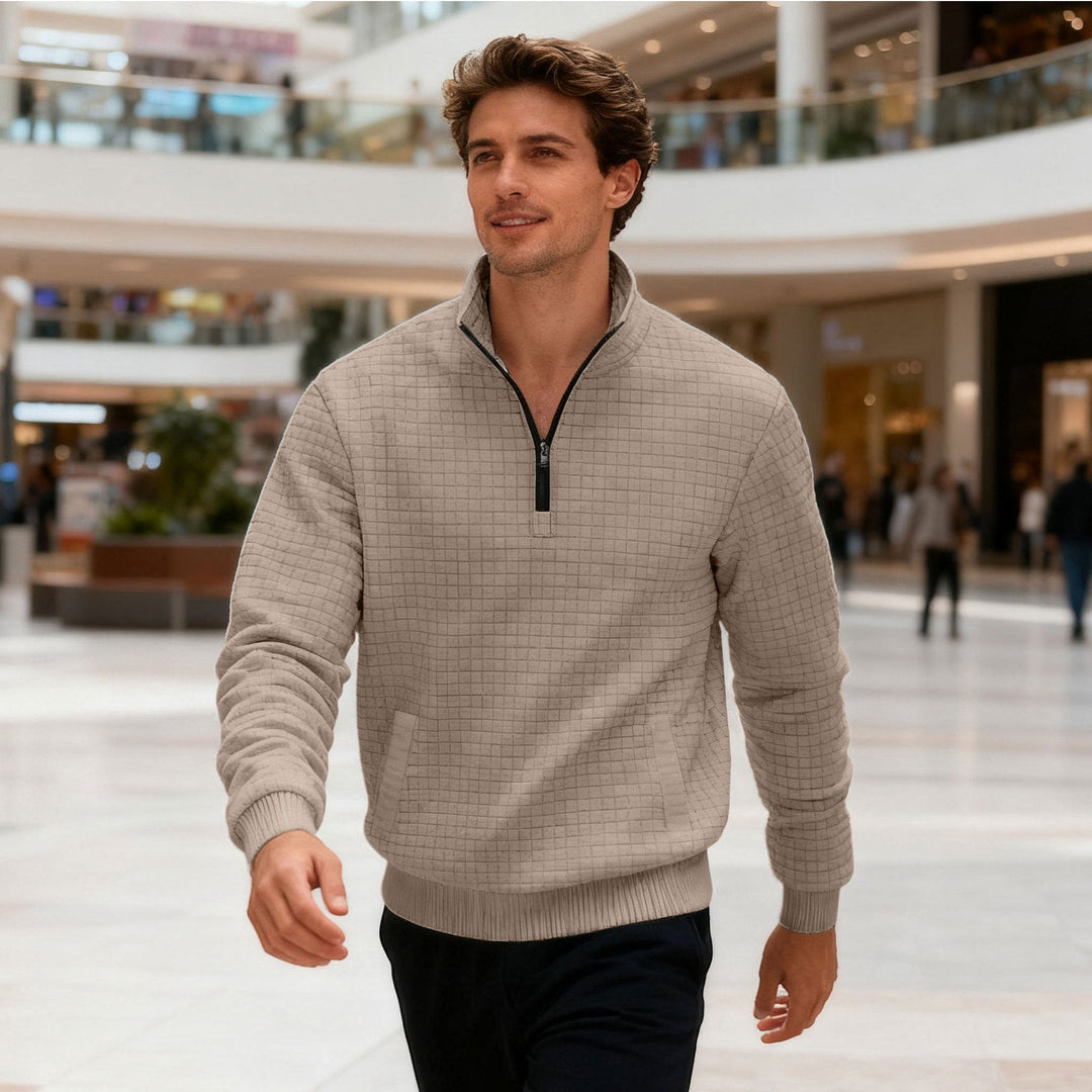 Męska pikowana krótki zamek sweter z square waffle tekstura i kieszeń kangurka