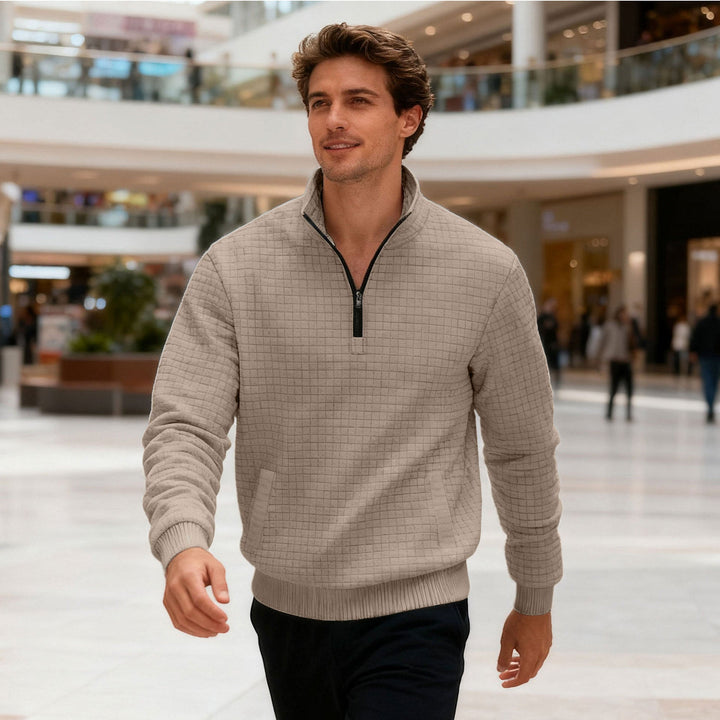Męska pikowana krótki zamek sweter z square waffle tekstura i kieszeń kangurka