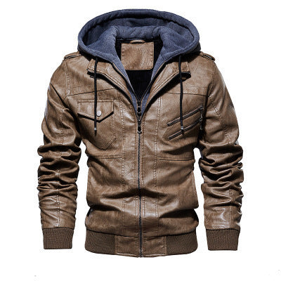 Męski imitacja skóry flight kurtka z integrated kaptur layer, zippered kieszeń na piersi, i prążkowane mankiety