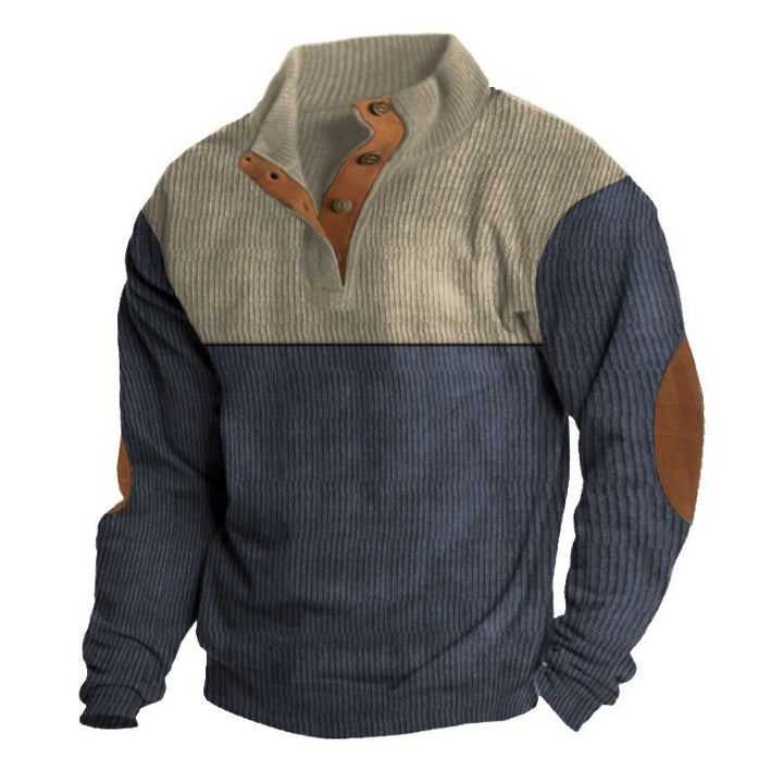 Męska strukturalny rugby sweter z Stójka, Listwa guzikowa, i skóra elbow patches
