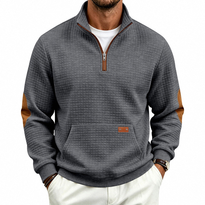Męska Stójka krótki zamek bluza z checkered relief tekstura i imitacja skóry elbow patches