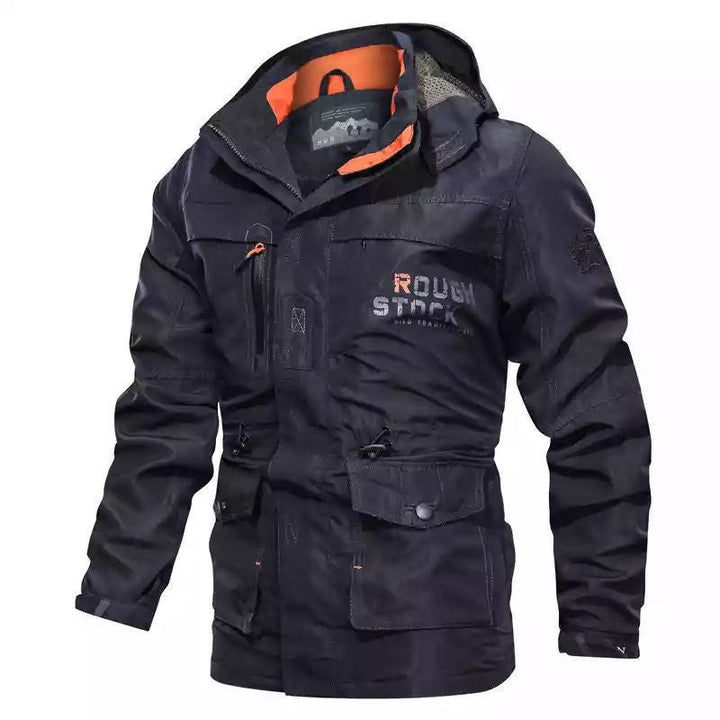Męski solidny płótno field parka z kaptur, multifunction kieszenie i waist adjustment