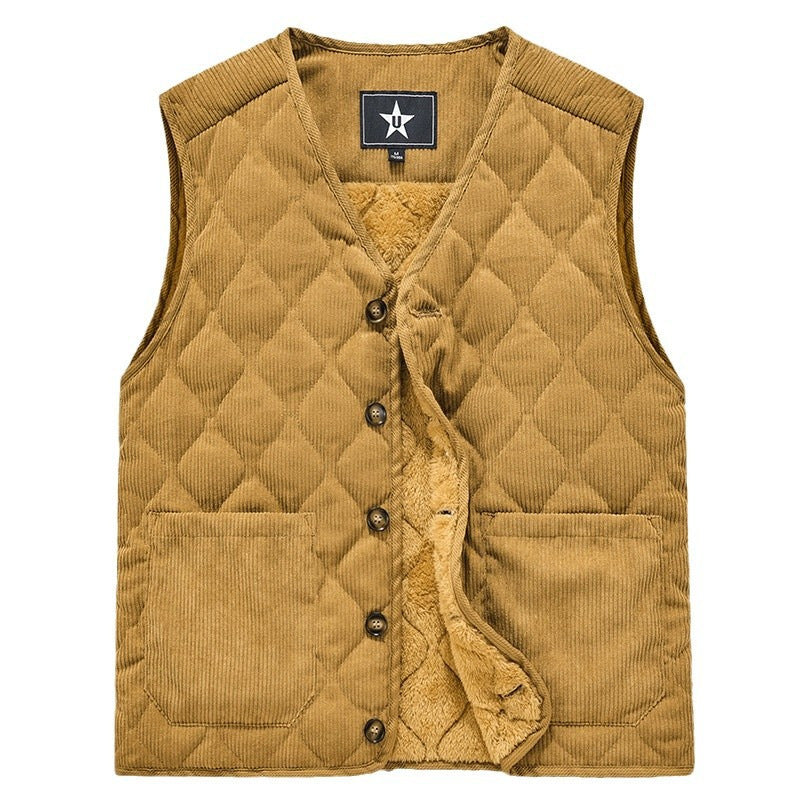 Męski sztruks kamizelka pikowana z V-neck, ocieplany stitching structure i naszywane kieszenie.