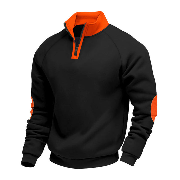 Męska krótki zamek polar pulower z Stójka raglanowy Rękawy i elbow patches