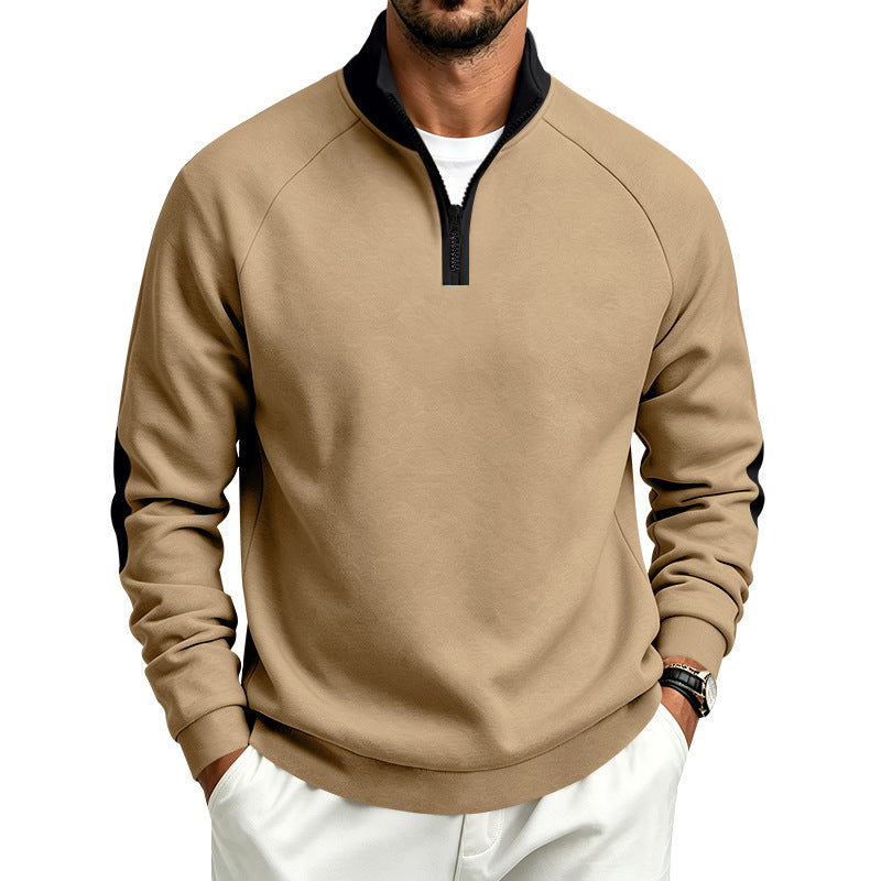 Męska bluza z krótki zamek, kontrastowy Kołnierz i elbow patches