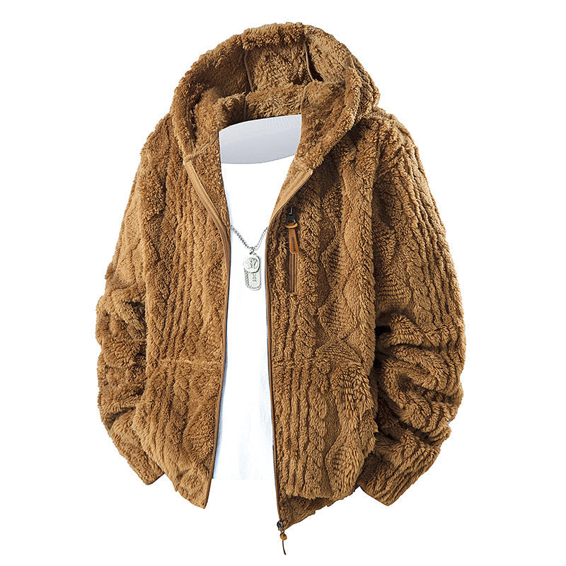 Herren Kuschelige Teddy-Polar Kapuzenjacke mit durchgehendem Reißverschluss und Brusttasche