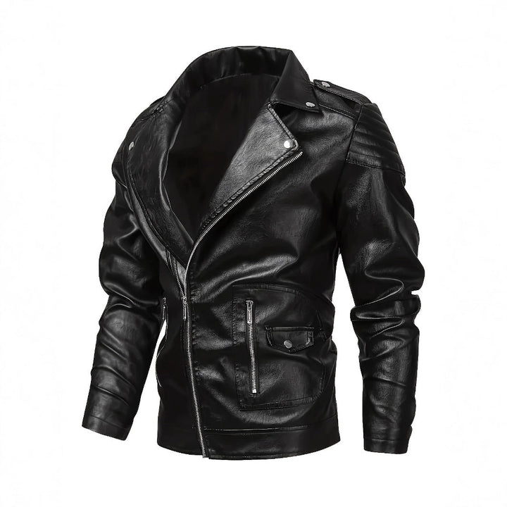 Męski biker kurtka wykonany z imitacja skóry z asymmetrical zamek i ocieplany ramienny inserts
