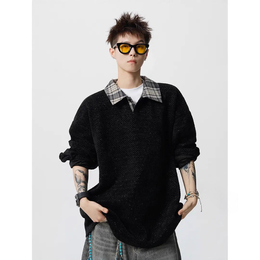 Męska Oversize Strukturalny Bluza z Polo Kołnierz i Diagonal Dzianina Structure
