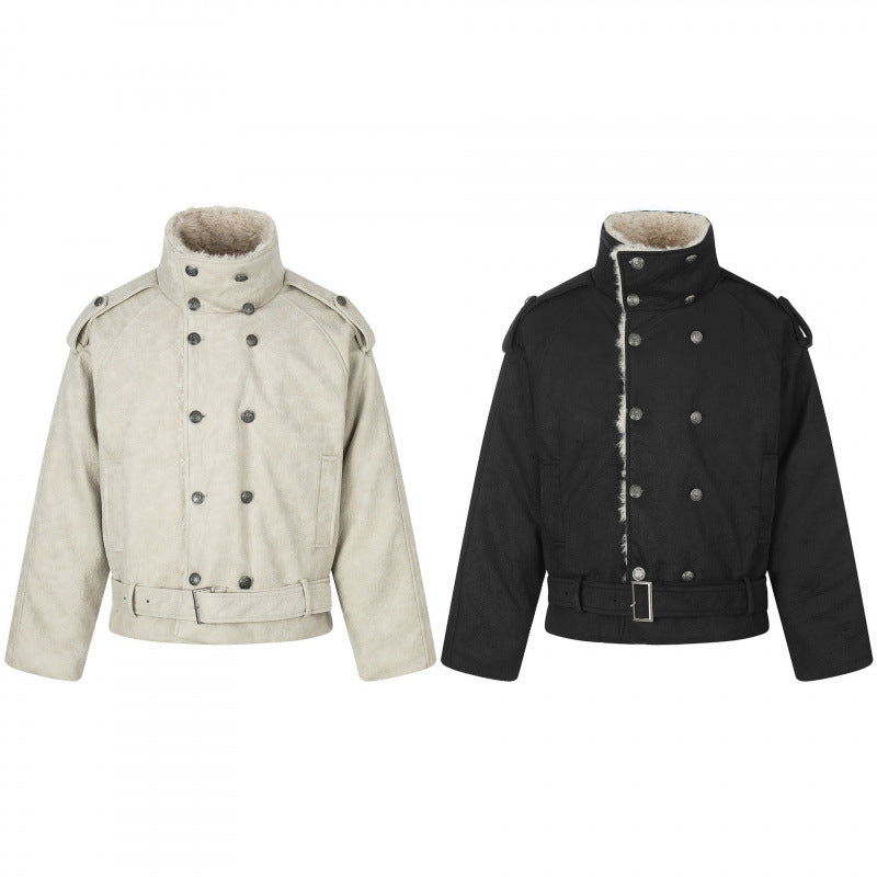 Męska krótka krój double-breasted aviator kurtka z teddy lwwg, stójką i waist belt