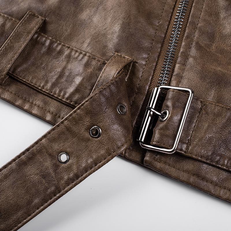 Męski imitacja skóry biker kurtka z ramienny pikowanie, asymmetric zamek, i regulowany belted waist