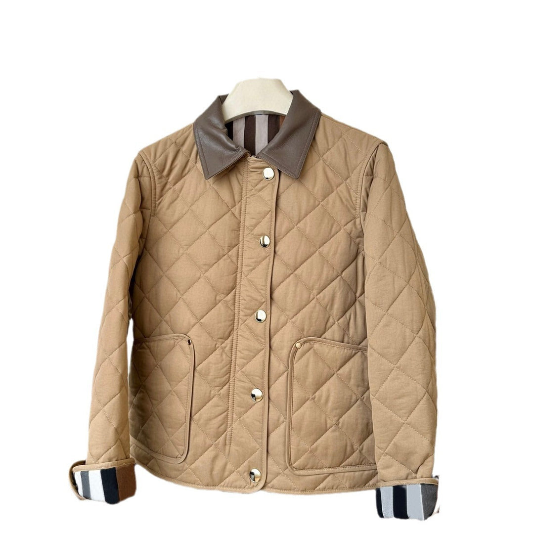 Damska fashionable pikowana kurtka z elegancka leather kołnierzem Lumaza