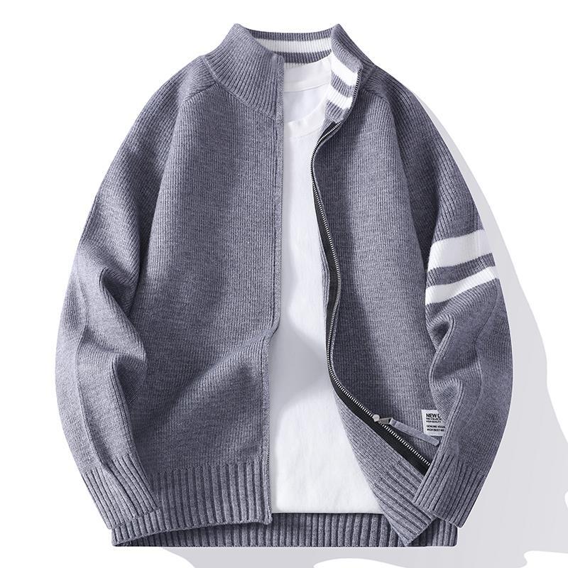 Męska dzianinowa zamek kardigan w college Styl z striped rękaw band i prążkowany Stójka