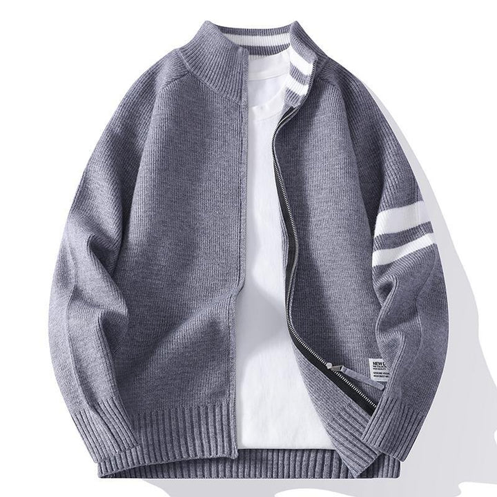 Męska dzianinowa zamek kardigan w college Styl z striped rękaw band i prążkowany Stójka