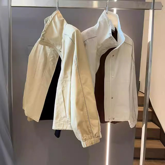 Damska lekka Overshirt kurtka z ze stójką, Snap guzikami Closure &amp; kontrastowy Stitching Lumaza