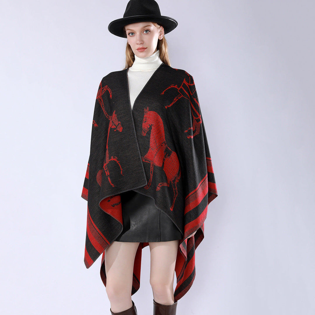Damskie Jacquard Poncho Wrap z Horse Motif i Boxy Kimono Sylwetka