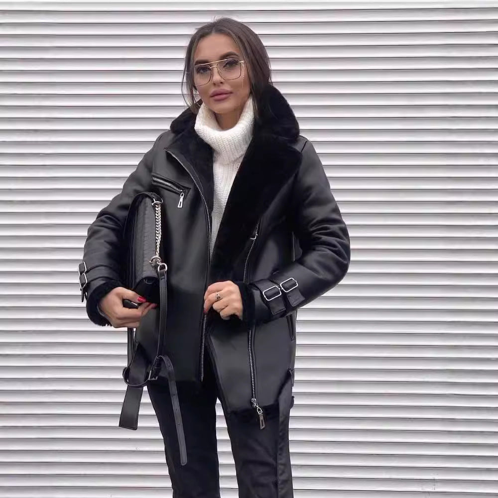 Damska oversize imitacja skóry Pilot kurtka z Teddy Fur Lining i Buckles Lumaza