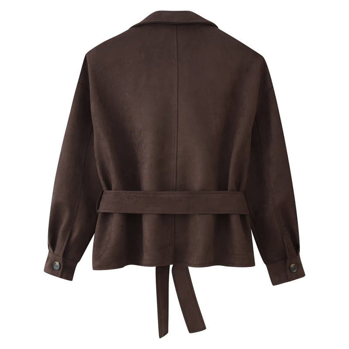 Damska krótka trencz in Suede Look z Ties i Epaulettes Lumaza