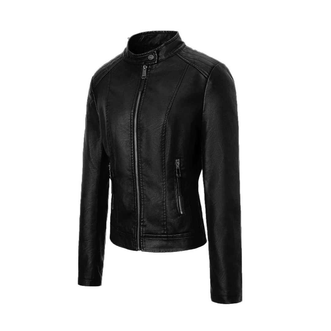 Damska dopasowana-krój Biker Leather kurtka z stójka kołnierzem Lumaza