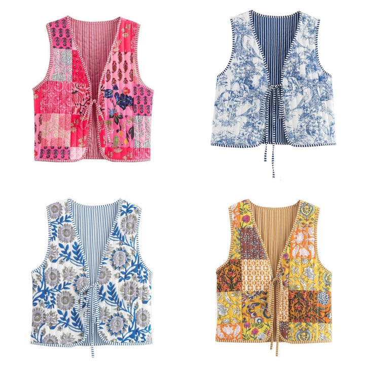 Damska Patchwork kamizelka z Tie Band i V-Neck Lumaza
