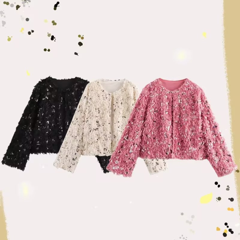 Damska Krótka Kurtka wykonana z fluffy Sztuczne futro z sequin wykończenie