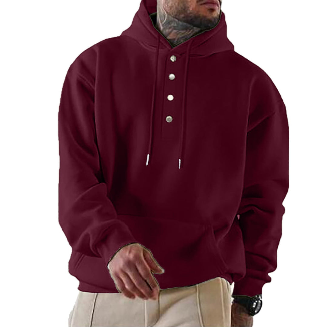 Męska bluza z kapturem z Henley Listwa guzikowa i kieszeń kangurka EB