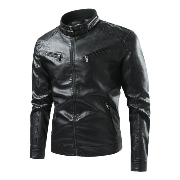 Kurtka ze skóry syntetycznej męska z wysokim kołnierzem - z kieszeniami na zamek na co dzień