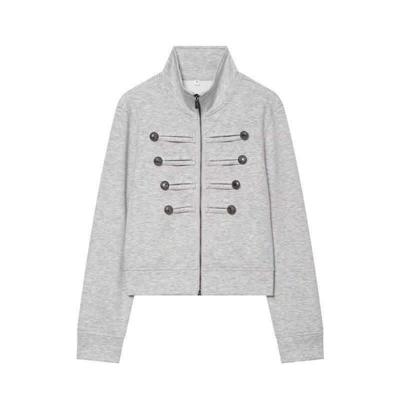 Damska krótka Sweat kurtka in Military Look z ze stójką i Decorative guzikami listwą Lumaza