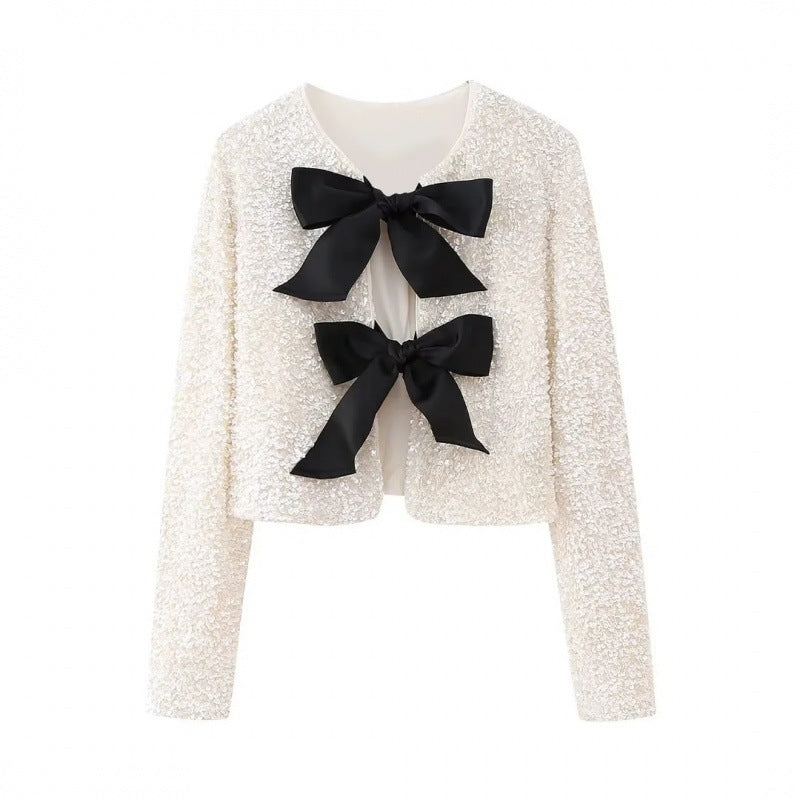 Damska Sequin Bolero kurtka z Decorative satynowa Bows Lumaza