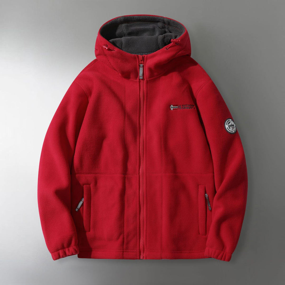 Męski microfleece outdoorowy kurtka z kaptur, wind-resistant structure i logo naszywany