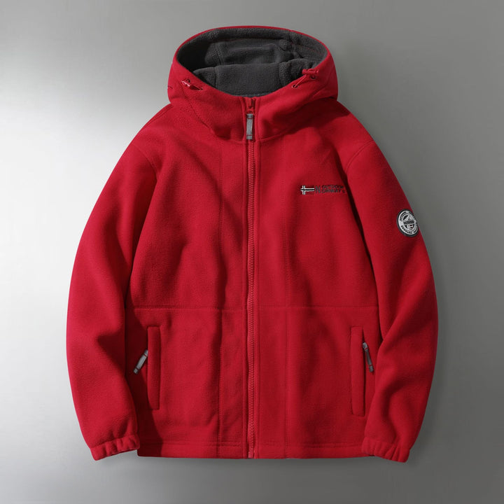 Męski microfleece outdoorowy kurtka z kaptur, wind-resistant structure i logo naszywany
