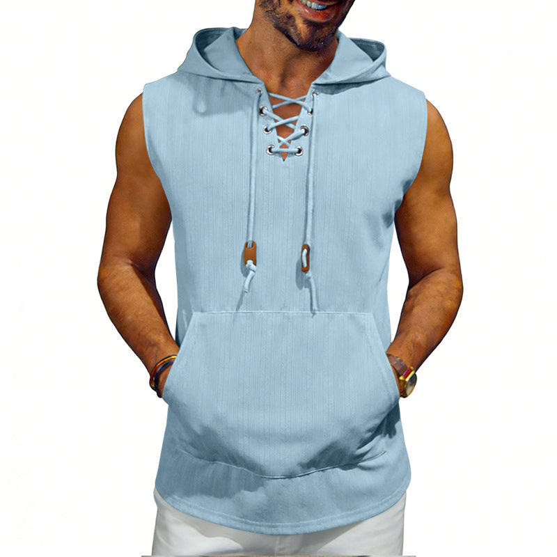 Męska sleeveless z kapturem kamizelka z lace-up V-neck, kieszeń kangurka, i Codzienny Krój
