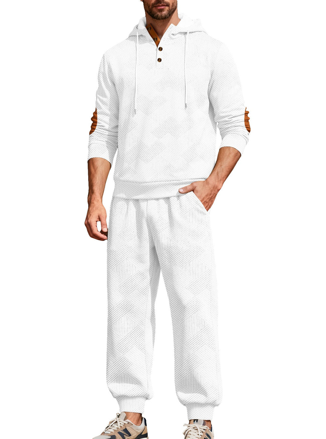 Męska textured bluza z kapturem jogging set z Henley Listwa guzikowa i kontrastowy elbow patches