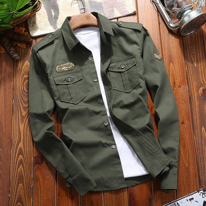 Męski Military-Inspired Utility Kurtka koszulowa z Pagony i Flap Kieszenie