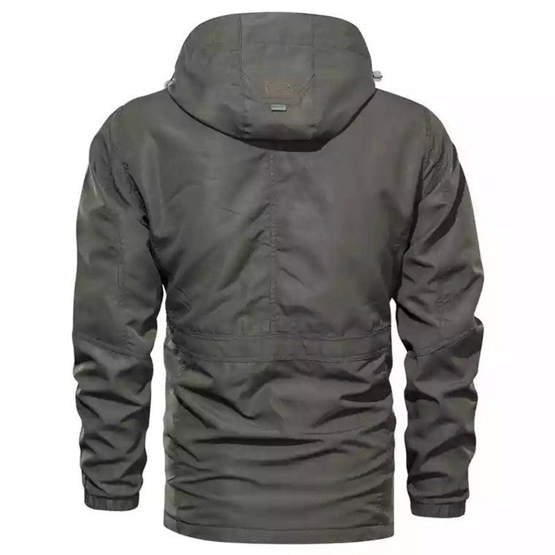 Męski solidny płótno field parka z kaptur, multifunction kieszenie i waist adjustment
