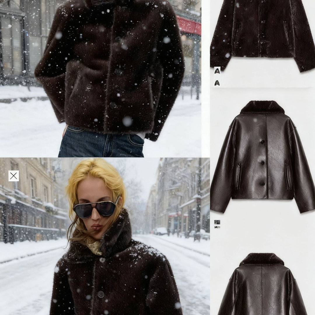 Damskie Boxy Kurtka z imitacji skóry z Sztuczne futro Kołnierz, Lambswool Imitation Podszewka i Guzik Zapięcie