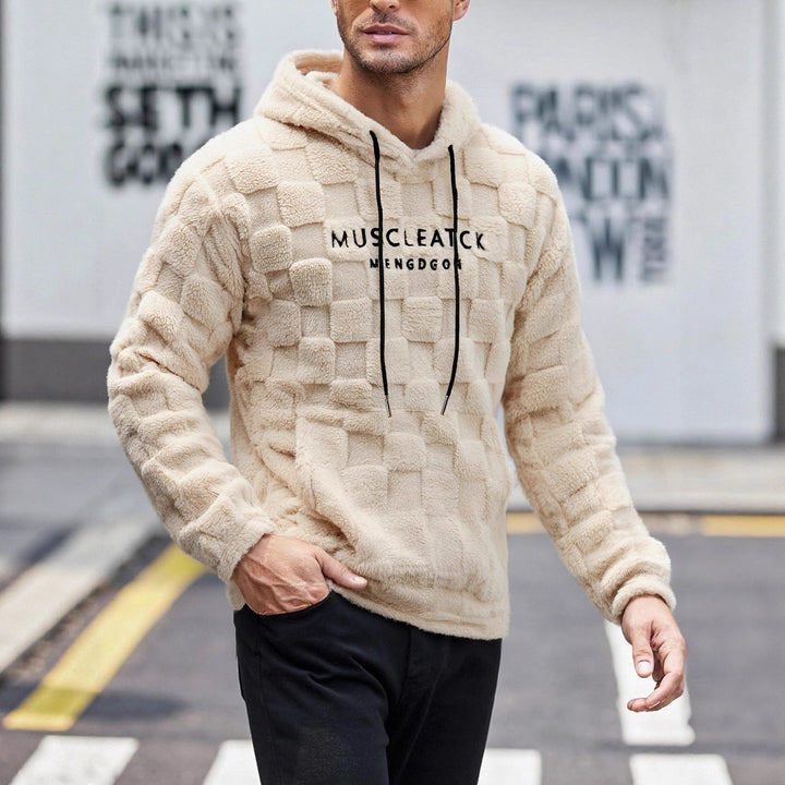 Męska fluffy Sherpa bluza z kapturem z square quilting Wzór, kieszeń kangurka i regulowany kaptur