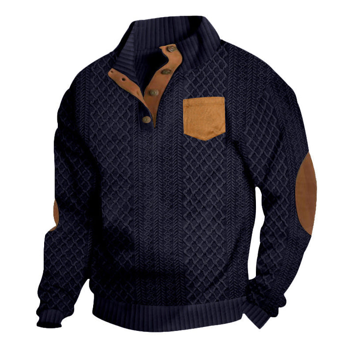 Męska Strukturalny Cable Dzianina Bluza z Half Listwa guzikowa, Imitacja skóry Patch Kieszeń &amp; Elbow Patches